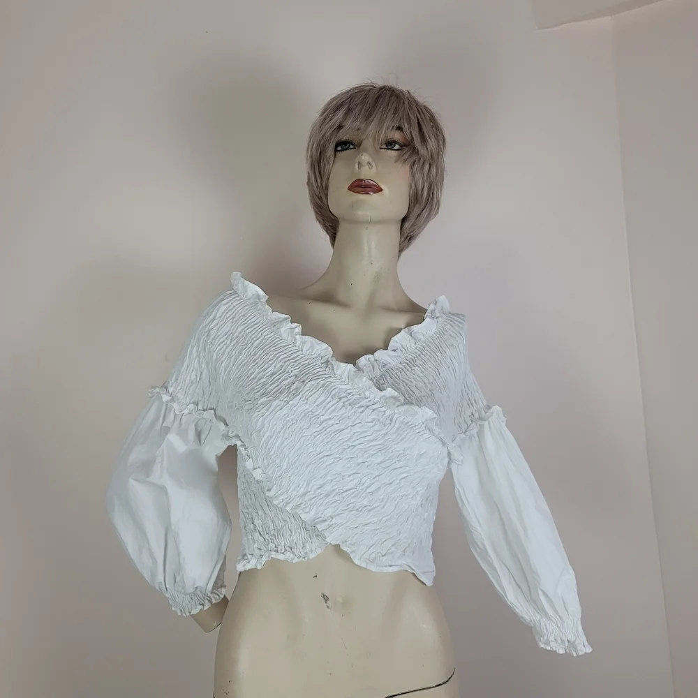 Zara White Smocked Wrap Crop Top 100% Cotton Size Medium